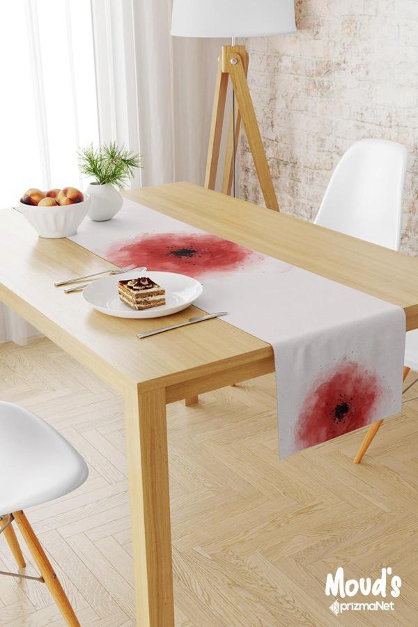 Moud'S Poppy Red Desenli Baskılı Süet Runner Masa Örtüsü - Image 1