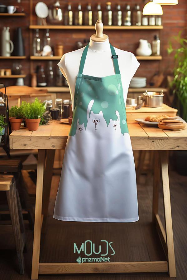 Moud'S Süet Kumaş Cats Gang Desenli Mutfak Önlüğü, Aşçı Önlüğü, Garson Önlüğü, Restoran Önlük - Image 1