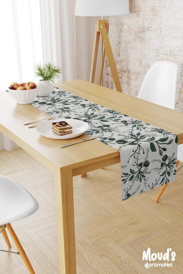 Moud'S Koyu Yeşil Çiçekler Desenli Baskılı Süet Runner Masa Örtüsü - Image 1