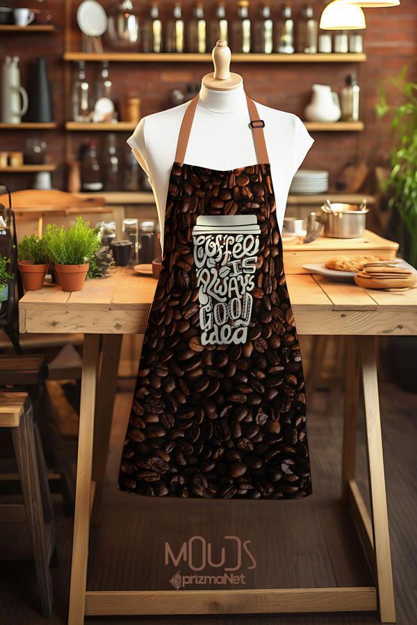 Moud'S Süet Kumaş Coffee Time Desenli Mutfak Önlüğü, Aşçı Önlüğü, Garson Önlüğü, Restoran Önlük - Image 1