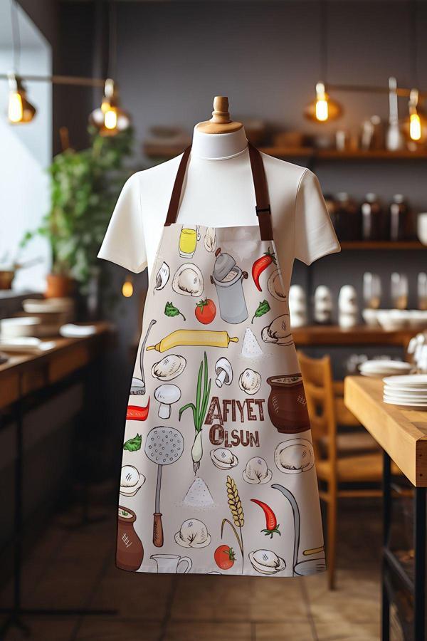 Moud'S Süet Kumaş Bej Afiyet Olsun Desenli Mutfak Önlüğü, Aşçı Önlüğü, Garson Önlüğü, Restoran Önlük - Image 1