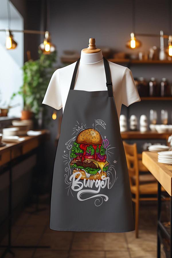 Moud'S Süet Kumaş Burger Desenli Mutfak Önlüğü, Aşçı Önlüğü, Garson Önlüğü, Restoran Önlük - Image 1