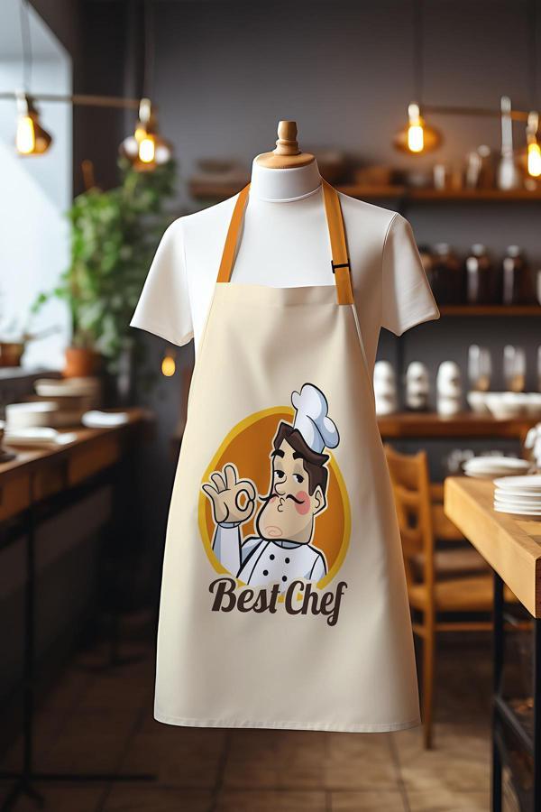 Moud'S Süet Kumaş Best Chef Man Desenli Mutfak Önlüğü, Aşçı Önlüğü, Garson Önlüğü, Restoran Önlük - Image 1