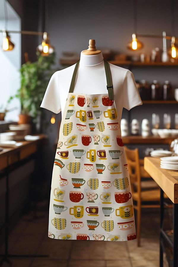 Moud'S Süet Kumaş Renkli Fincanlar Desenli Mutfak Önlüğü, Aşçı Önlüğü, Garson Önlüğü, Restoran Önlük - Image 1
