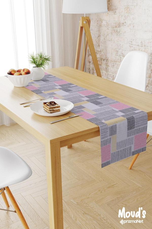 Moud'S Lila Çizgili Desenli Baskılı Süet Runner Masa Örtüsü - Image 1