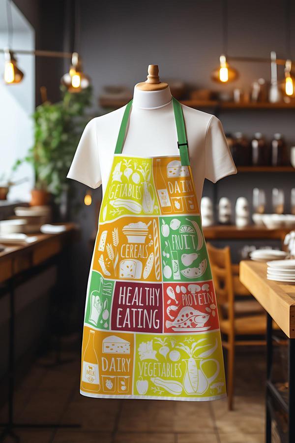 Moud'S Süet Kumaş Renkli Diyet Desenli Mutfak Önlüğü, Aşçı Önlüğü, Garson Önlüğü, Restoran Önlük - Image 1