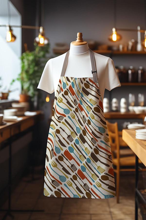 Moud'S Süet Kumaş Çatal Bıçak Desenli Mutfak Önlüğü, Aşçı Önlüğü, Garson Önlüğü, Restoran Önlük - Image 1