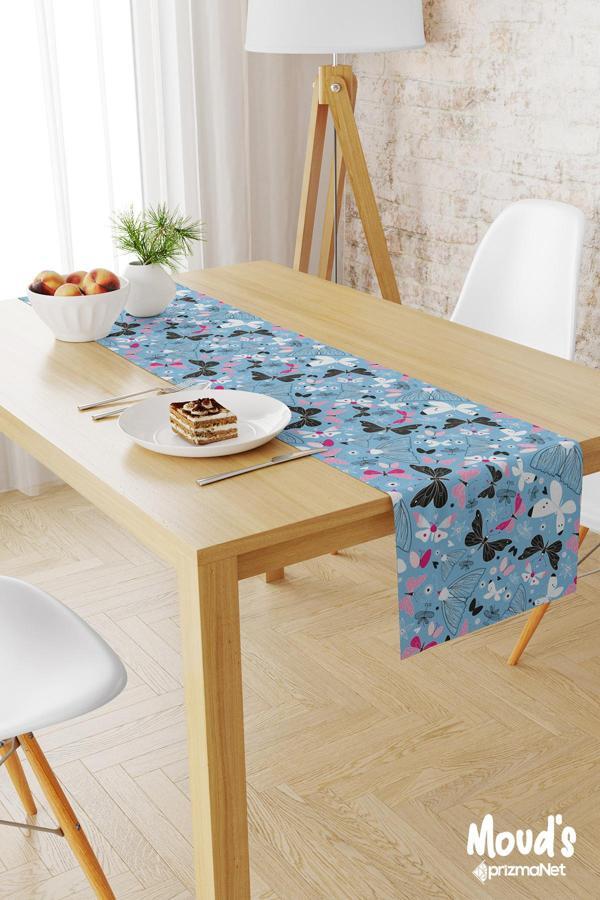 Moud'S Mavi Kelebekler Desenli Baskılı Süet Runner Masa Örtüsü - Image 1
