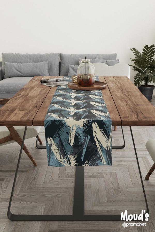 Moud'S Blue Brush Desenli Baskılı Süet Runner Masa Örtüsü - Image 1