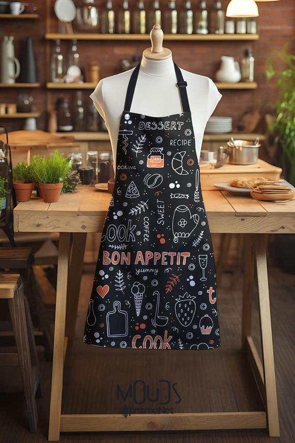 Moud'S Süet Kumaş Bon Appetit Cook Desenli Mutfak Önlüğü, Aşçı Önlüğü, Garson Önlüğü, Restoran Önlük - Image 1