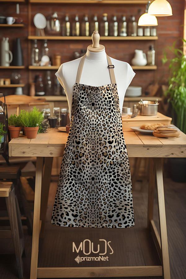 Moud'S Süet Kumaş Leopar Desenli Mutfak Önlüğü, Aşçı Önlüğü, Garson Önlüğü, Restoran Önlük - Image 1