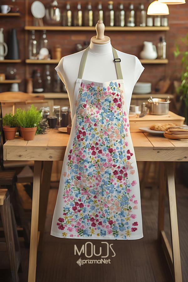 Moud'S Süet Kumaş Renkli Pastel Çiçek Desenli Mutfak Önlüğü, Aşçı Önlüğü, Garson Önlüğü, Restoran Önlük - Image 1