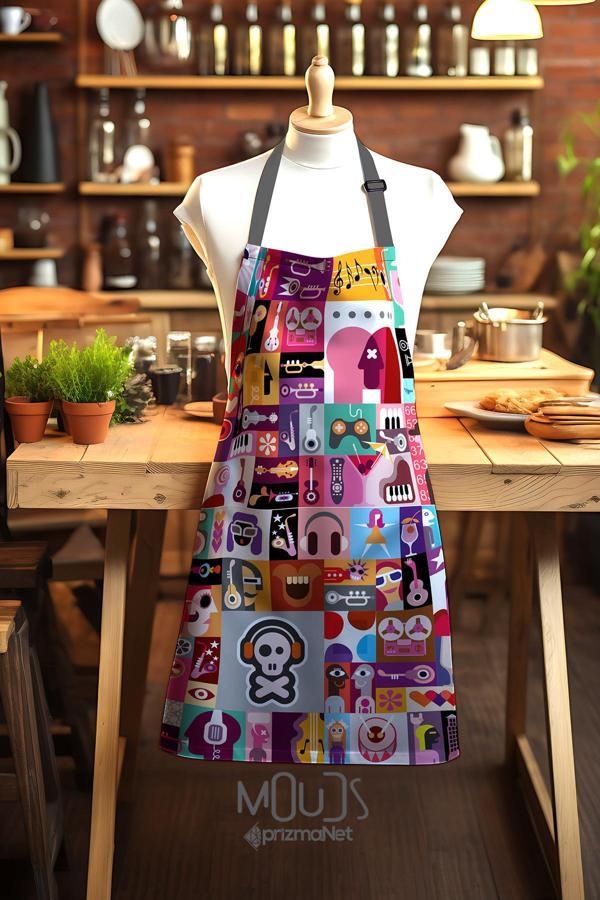 Moud'S Süet Kumaş Music Board Desenli Mutfak Önlüğü, Aşçı Önlüğü, Garson Önlüğü, Restoran Önlük - Image 1
