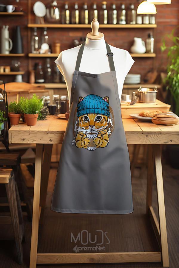Moud'S Süet Kumaş Mavi Şapkalı Kedi Desenli Mutfak Önlüğü, Aşçı Önlüğü, Garson Önlüğü, Restoran Önlük - Image 1