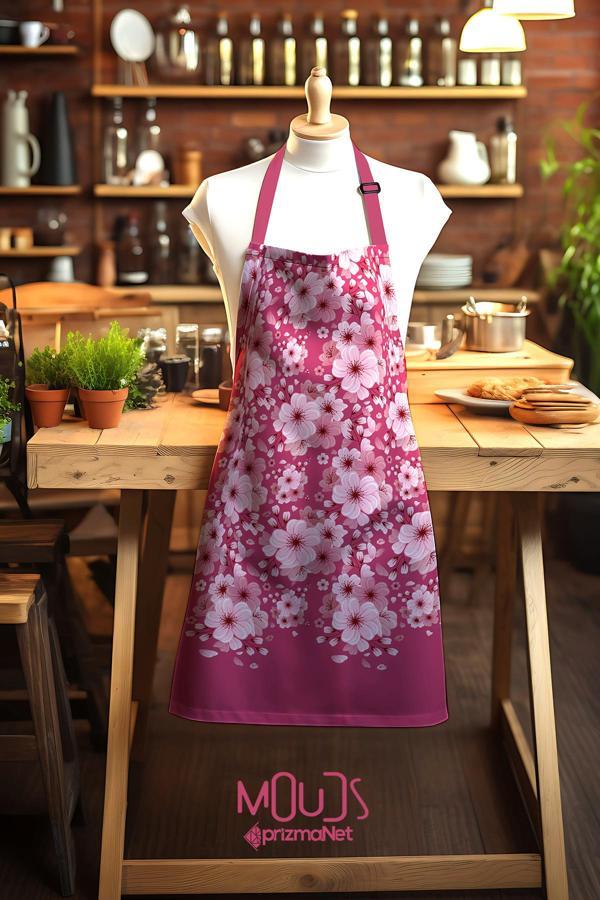 Moud'S Süet Kumaş Pembe Çiçek Desenli Mutfak Önlüğü, Aşçı Önlüğü, Garson Önlüğü, Restoran Önlük - Image 1