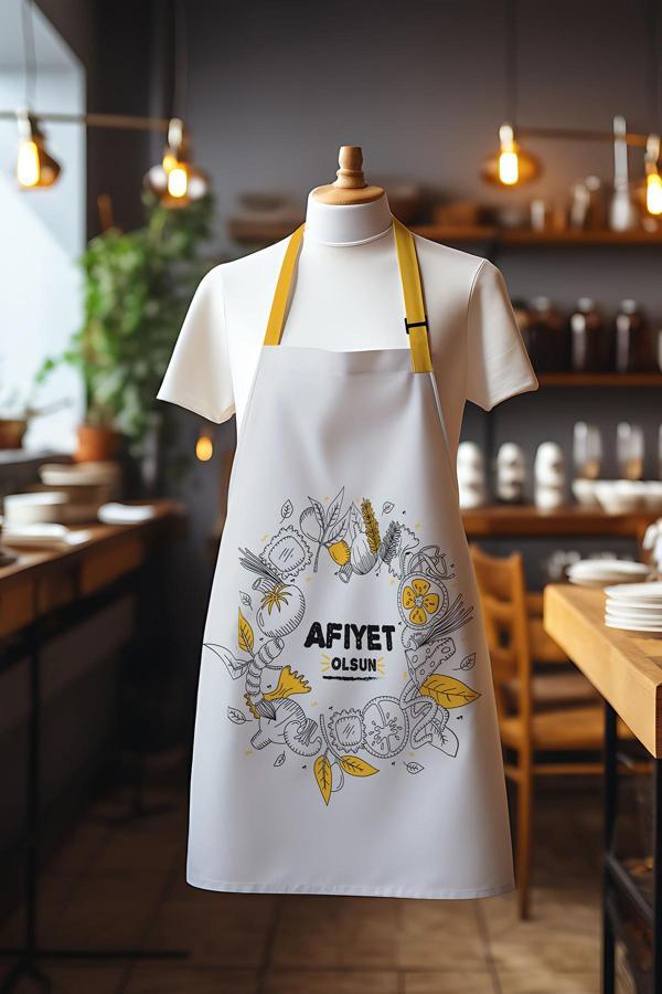 Moud'S Süet Kumaş Sarı Afiyet Olsun Desenli Mutfak Önlüğü, Aşçı Önlüğü, Garson Önlüğü, Restoran Önlük - Image 1