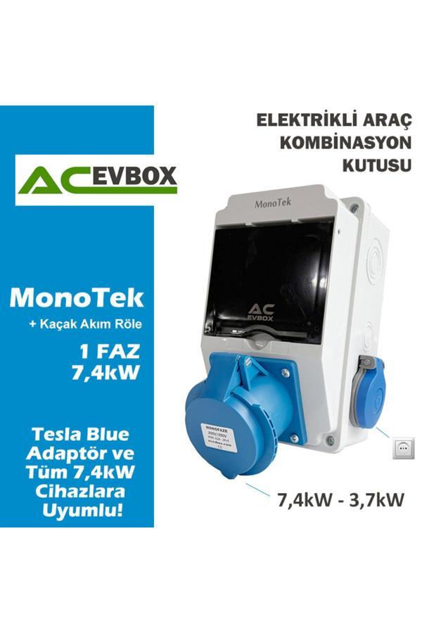 Acevbox Monotek Kombinasyon Kutusu, Monofaze Altyapıya Uygun,Tesla Blue Adaptör Ve Tüm 7,4Kw - Image 1