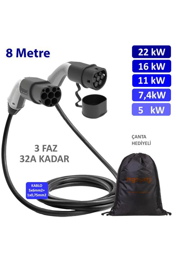 Hgsşarj 8 Metre, Elektrikli Araç Şarj Kablosu 22Kw-11Kw-7,4Kw3,7Kw, 32A Kadar - Tip 2-Mod3 - Image 1
