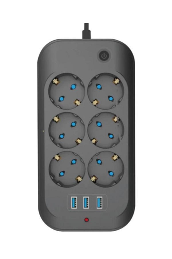 Termal Akım Korumalı, Çocuk Korumalı, 6’lı 2 Mt Uzatma Kablosu 6 X Priz, 3 X Usb - Image 1