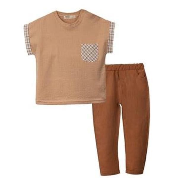 EKOSE DETAYLI TSHIRT PANTOLON TAKIM Kahverengi - Image 1