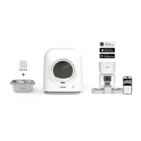 Xenon Smart Akıllı Otomatik Kedi Tuvaleti Çift Hazneli Mama Kabı Ultra Sessiz Çelik Su Pınarı ve Yedek Filtre Pet Seti - Image 1