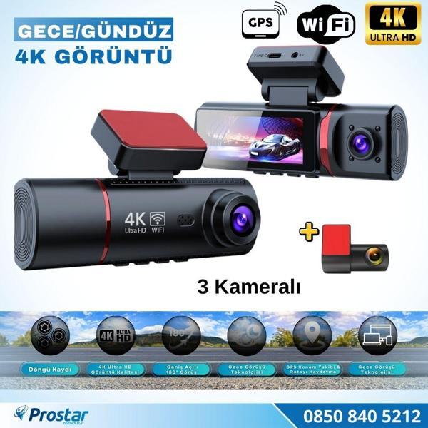 4K Ultra HD 3 Kameralı Ön, iç ve Arka Wifi GPS G-Sensör Park Modu Dashcam Kamera - Image 1
