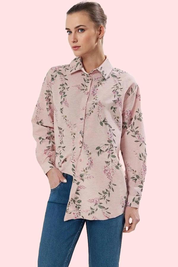 Kadın Çiçekli Desenli Oversize Keten Görünümlü Gömlek Polyester Günlük Kullanım Hafta Sonu - Image 1