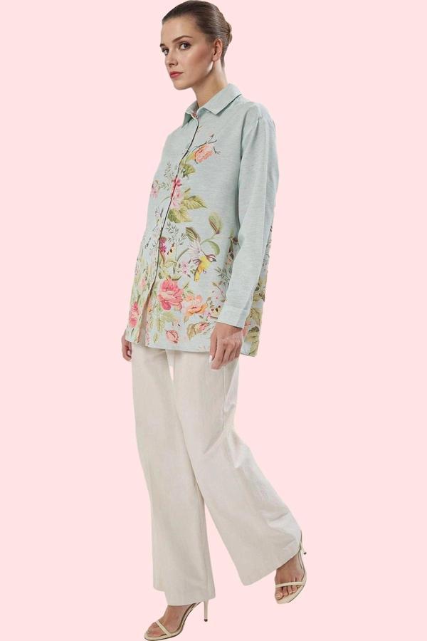 Kadın Çiçekli Desenli Oversize Keten Görünümlü Gömlek Polyester Günlük Kullanım Hafta Sonu - Image 1