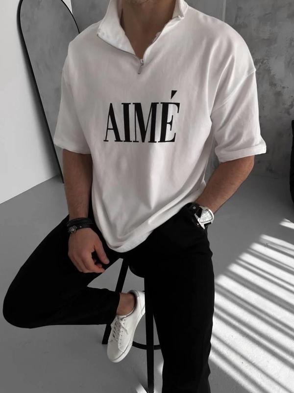 Unisex Yarım Fermuarlı Baskılı T-Shirt - Beyaz - Image 1