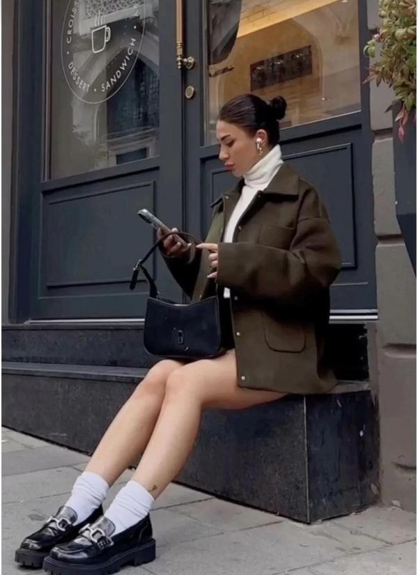 Kaşe Kaşmir kumaş cep ve çıt çıt düğme detay Bleazer pinterest ceket mont - Haki - Image 1