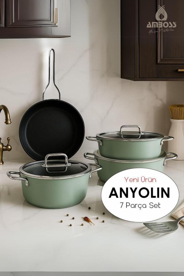 Anyolin 7 Parça Titanyum Kaplama Tencere Tava Seti (Yeşil) - Image 1