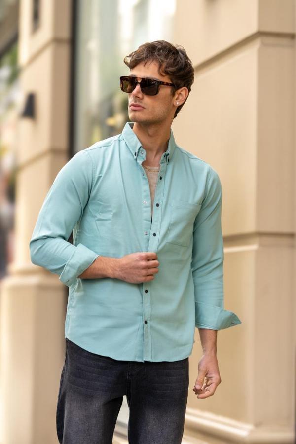 GRİNDER Çıtçıt Cepli Düğmeli Slim Fit Gömlek - Su Yeşili - Image 1