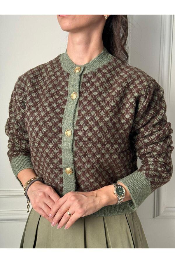 Kadın Haki Kahve Bisiklet Yaka Gold Düğme Detaylı Desenli Triko Hırka - Image 1