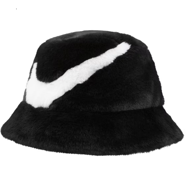 Nike Sportswear Swoosh Apex Faux Fur Bucket Hat Black Unisex Suni Kürk Kova Şapka Siyah - Image 1