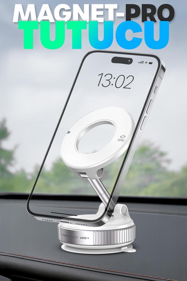 MagnetPRO 360° Ayarlanabilir Araç İçi Masa Üstü Vakumlu Mıknatıslı Magsafe Telefon Tutucu Beyaz - Image 1