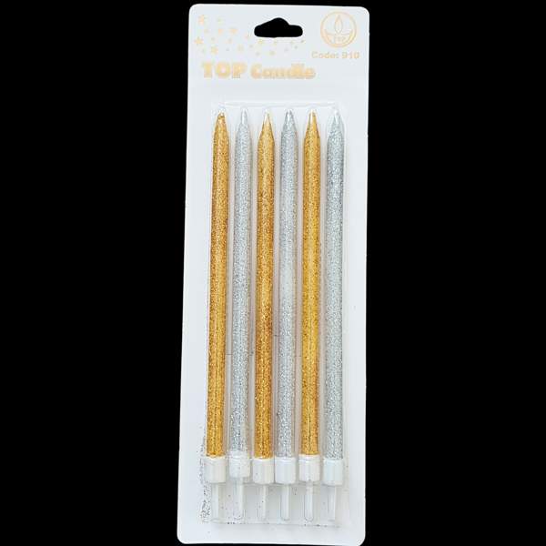Altın Gümüş Simli İnce Uzun Pasta Mum 16 cm * 6 Adet - Image 1