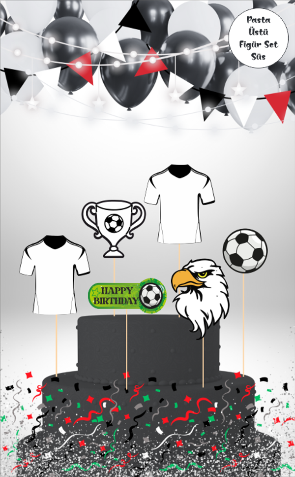 Siyah Beyaz Taraftar Temalı Pasta Üstü Figür Set - Image 1