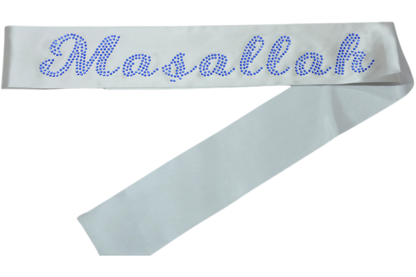 Maşallah Yazılı Kuşak Beyaz Üzeri Mavi Taşlı - Image 1