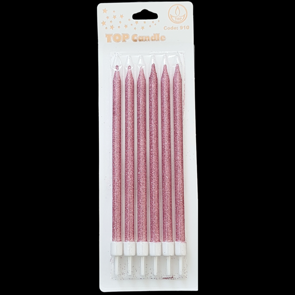 Pembe Simli İnce Uzun Pasta Mum 16 cm * 6 Adet - Image 1
