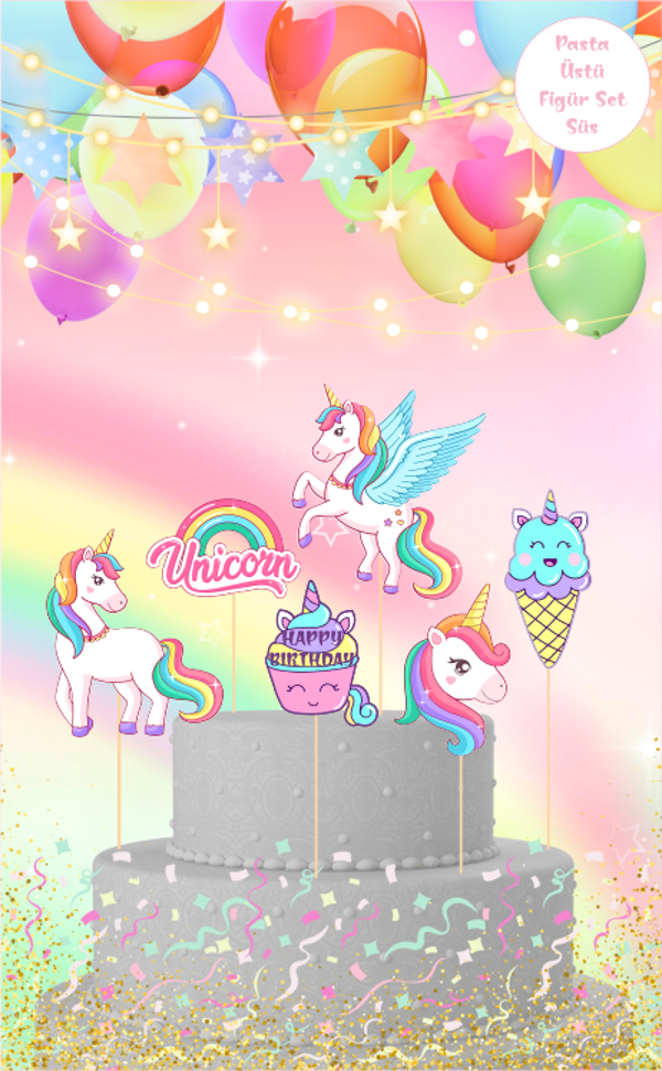 Unicorn Temalı Pasta Üstü Figür Set - Image 1