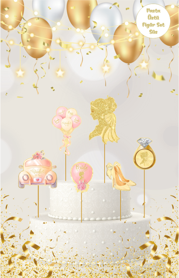 Bride Temalı Altın Pasta Üstü Figür Set - Image 1