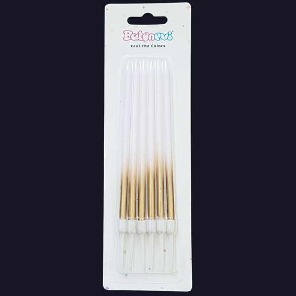 Altın Geçişli Beyaz İnce Uzun Pasta Mum 13 cm * 6 Adet - Image 1