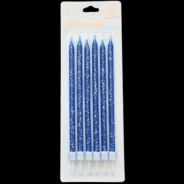 Mavi Gümüş Pullu İnce Uzun Pasta Mum 16 cm * 6 Adet - Image 1