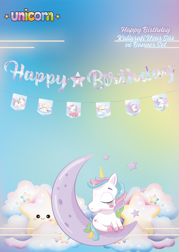 Unicorn Happy Birthday Kaligrafi ve Banner Set - Image 1