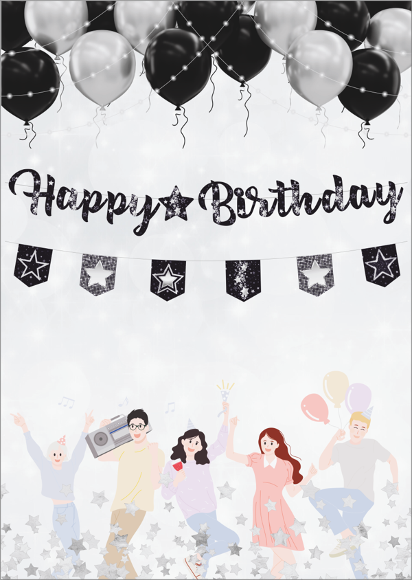 Yıldız Siyah Gümüş Happy Birthday Kaligrafi ve Banner Set - Image 1