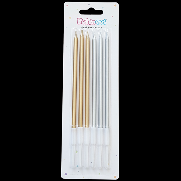 Altın Gümüş Karışık İnce Uzun Pasta Mum 14 cm * 6 Adet - Image 1
