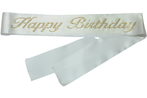Happy Birthday Kuşak Beyaz Üzeri Altın Taşlı - Image 1