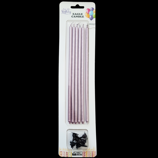 Pembe Metalik İnce Uzun Pasta Mum 20 cm * 6 Adet - Image 1