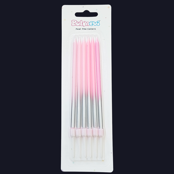 Gümüş Geçişli Pembe İnce Uzun Pasta Mum 13 cm * 6 Adet - Image 1