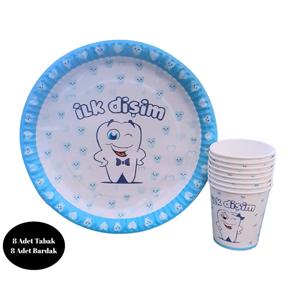 İlk Dişim Mavi Karton Tabak Bardak 8 li Set - Image 1